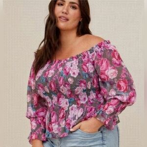 Torrid Crinkle Chiffon Smocked Waist Off-Shoulder Crop Top Floral Pink Sz 3